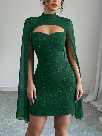Mock Neck Ribbed Cape Style Bodycon Mini Dress
