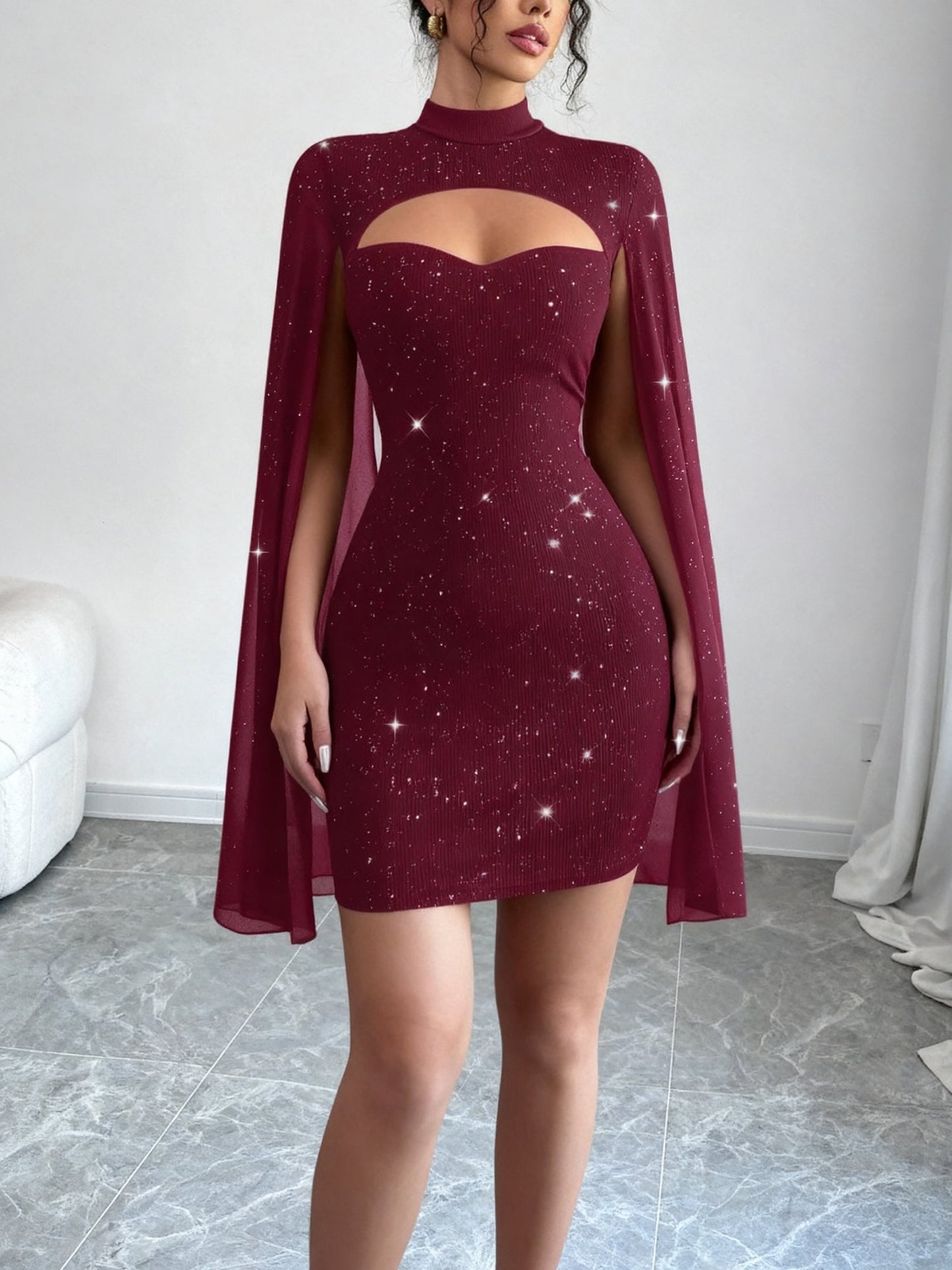 Mock Neck Ribbed Cape Style Bodycon Mini Dress