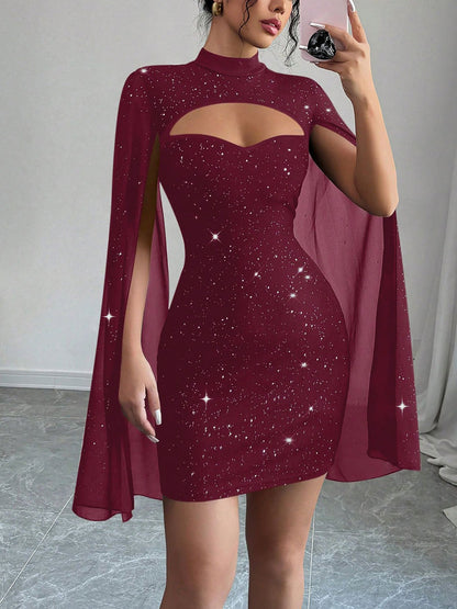 Mock Neck Ribbed Cape Style Bodycon Mini Dress