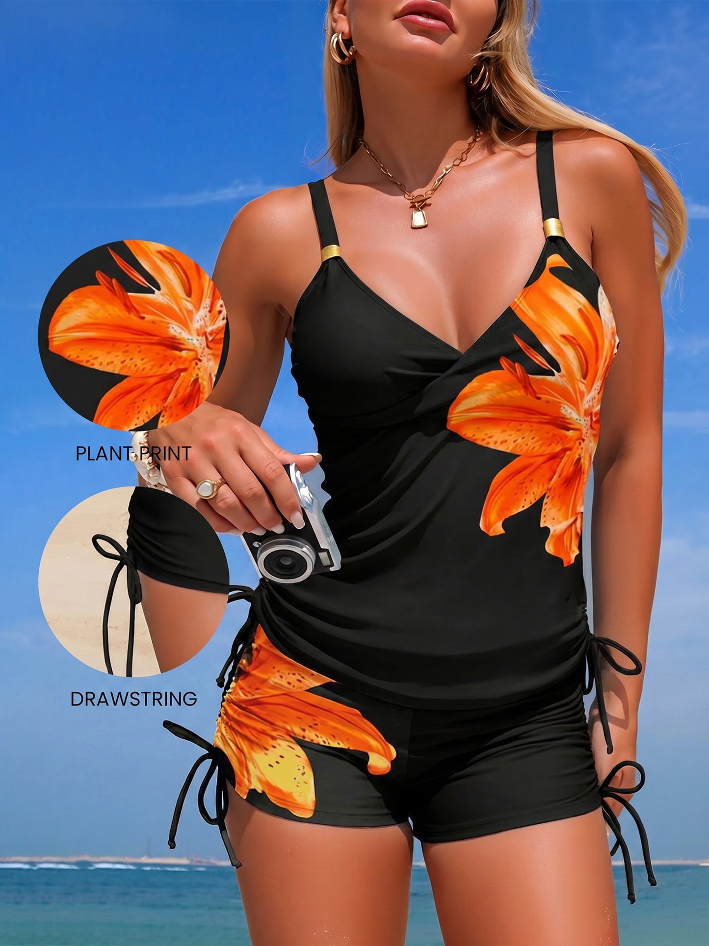 2 Pieces Floral Sporty Tankinis Shorts Swimwear Set