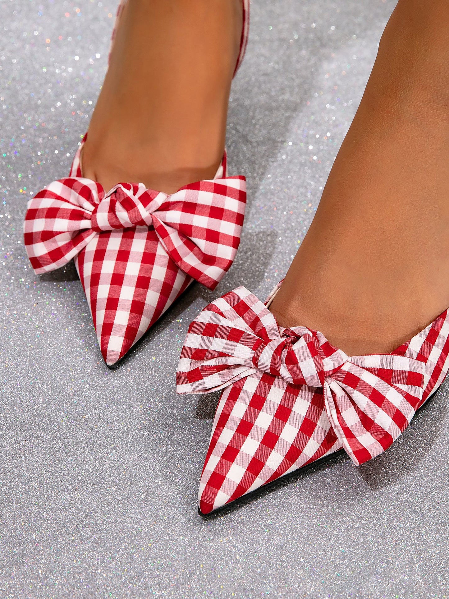 Gingham Bow Pointed Toe Slingback Sandals