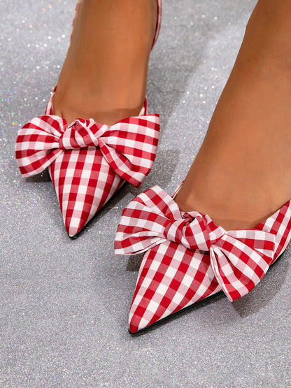 Gingham Bow Pointed Toe Slingback Sandals