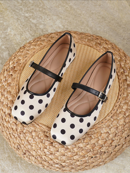 Polka Dots Square Toe Strappy Mary Jane Ballerina Ballet Flats