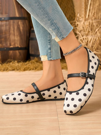 Polka Dots Square Toe Strappy Mary Jane Ballerina Ballet Flats