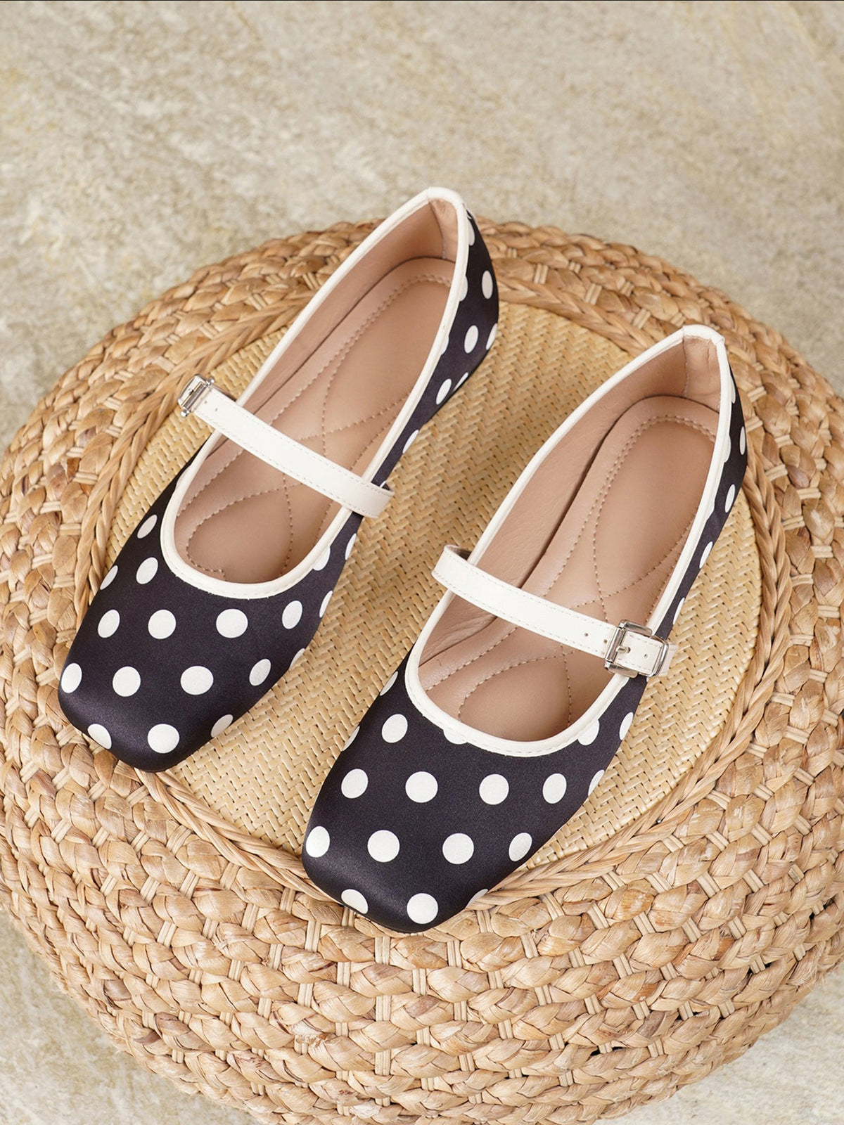 Polka Dots Square Toe Strappy Mary Jane Ballerina Ballet Flats