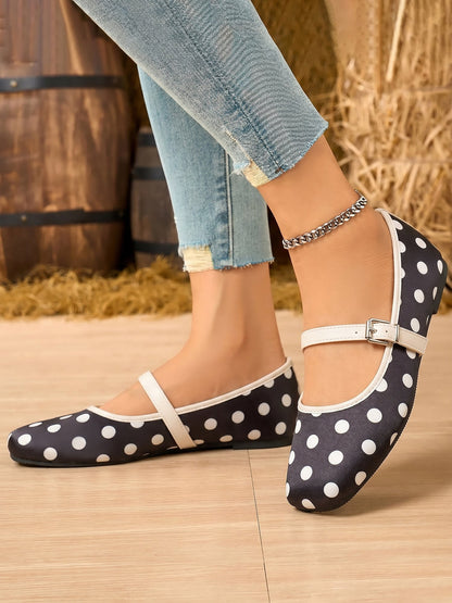 Polka Dots Square Toe Strappy Mary Jane Ballerina Ballet Flats