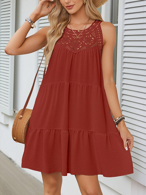 Boho Lace Sleeveless Tiered Above Knee Length Dress