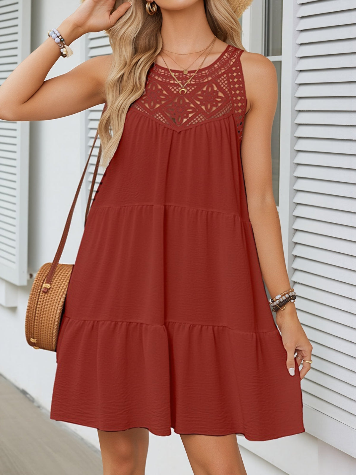 Boho Lace Sleeveless Tiered Above Knee Length Dress