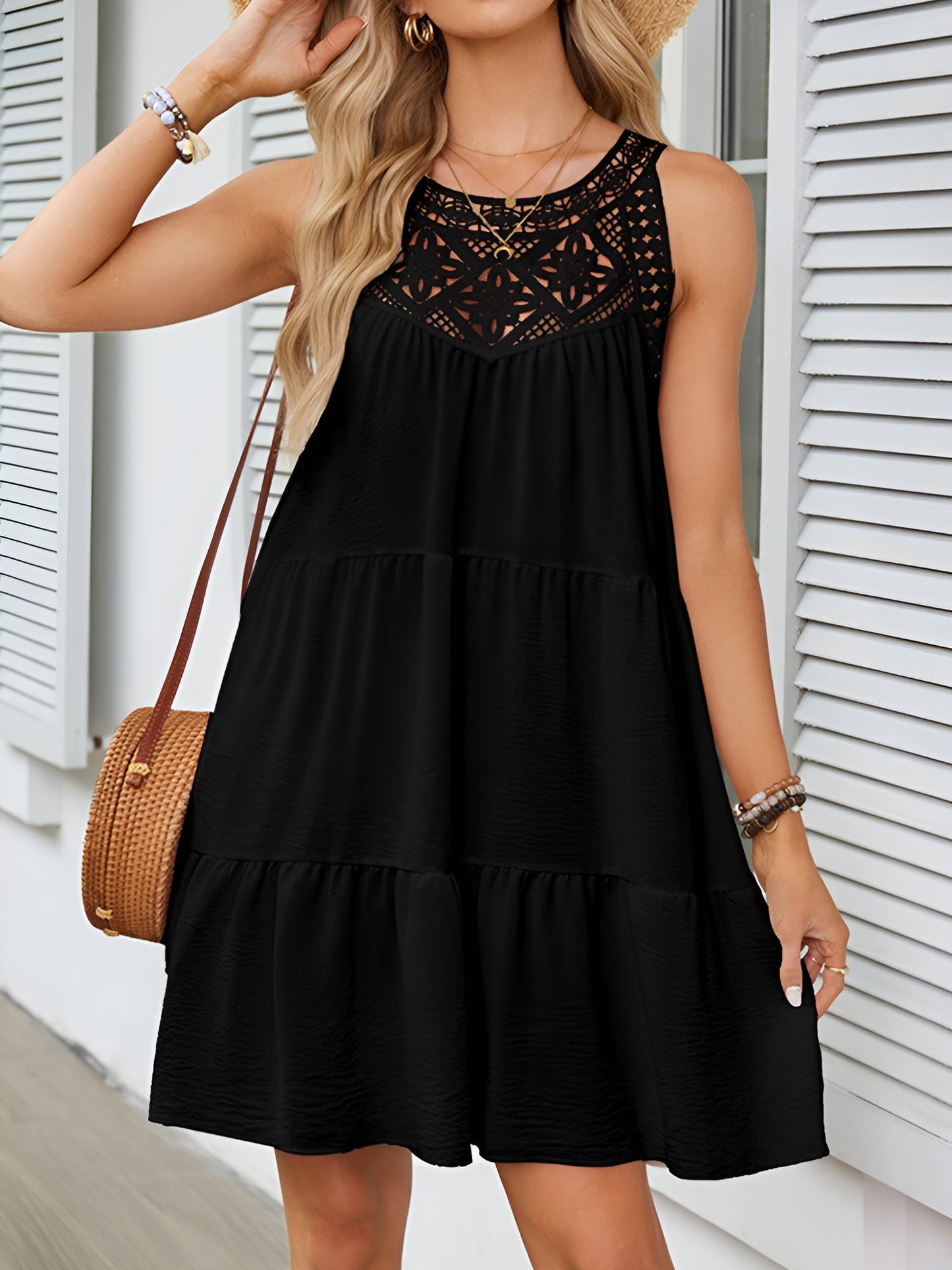 Boho Lace Sleeveless Tiered Above Knee Length Dress
