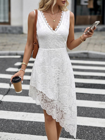 V Neck Lace Sleeveless Irregular Hem Midi Dress