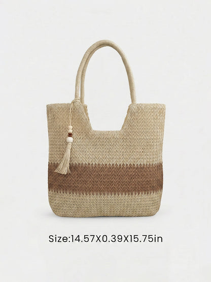 Colorblock Beach Vacation Straw Tote Bag