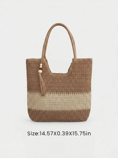 Colorblock Beach Vacation Straw Tote Bag