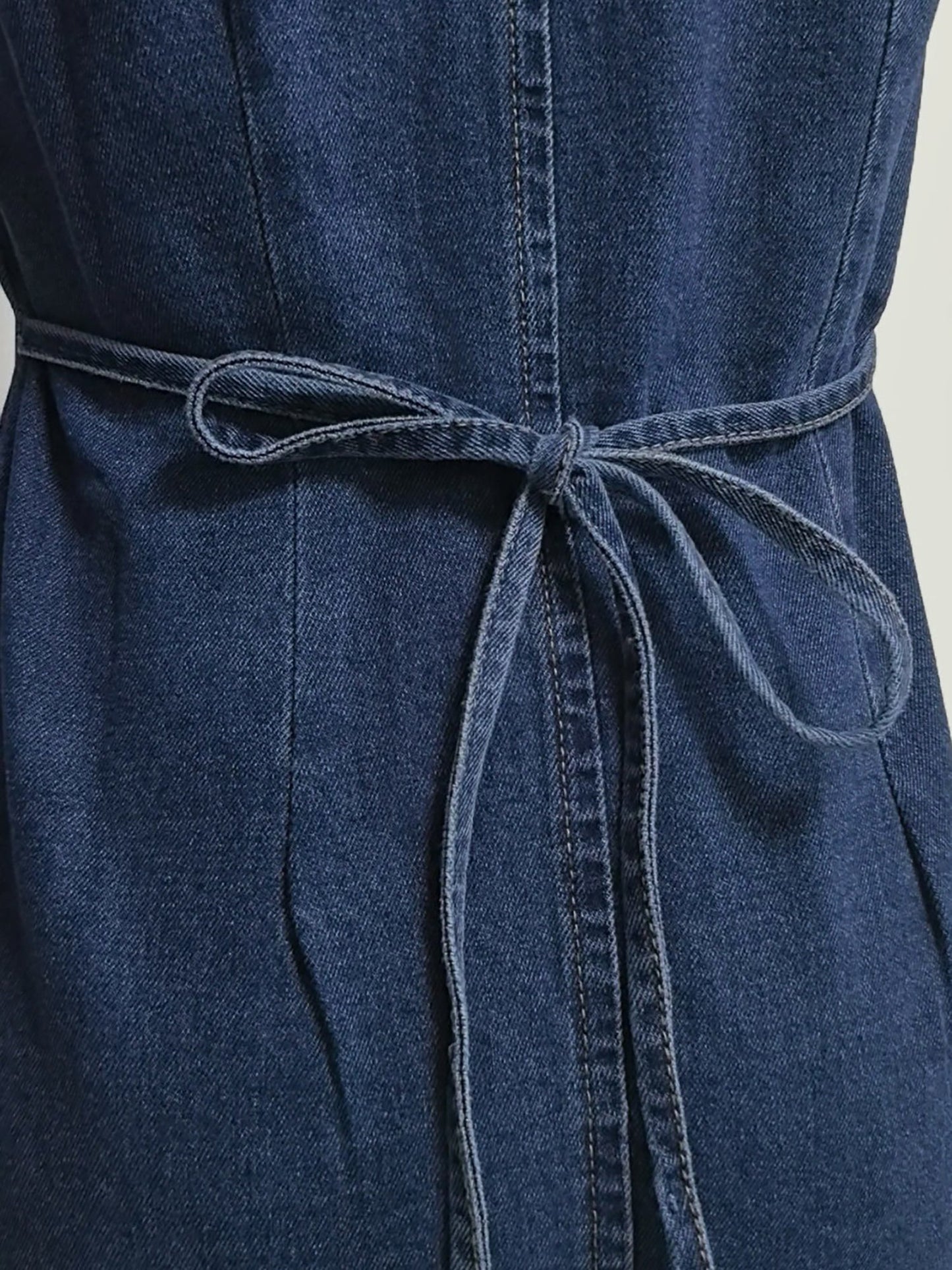 Button Front Tie Back Waist Denim Mini Dress