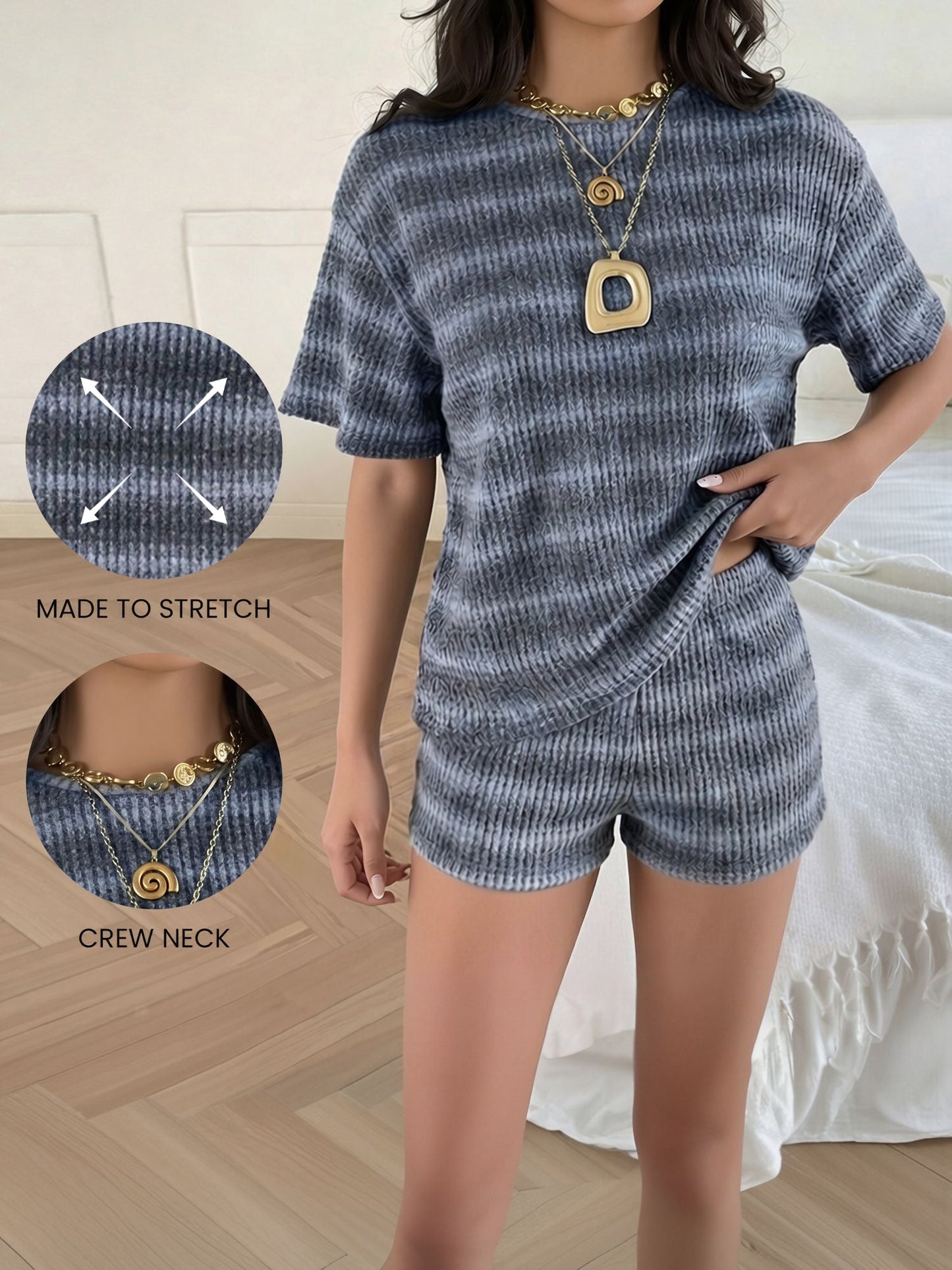 2 Pieces Striped Crew Neck Casual Knitted Top and Shorts Matching Set