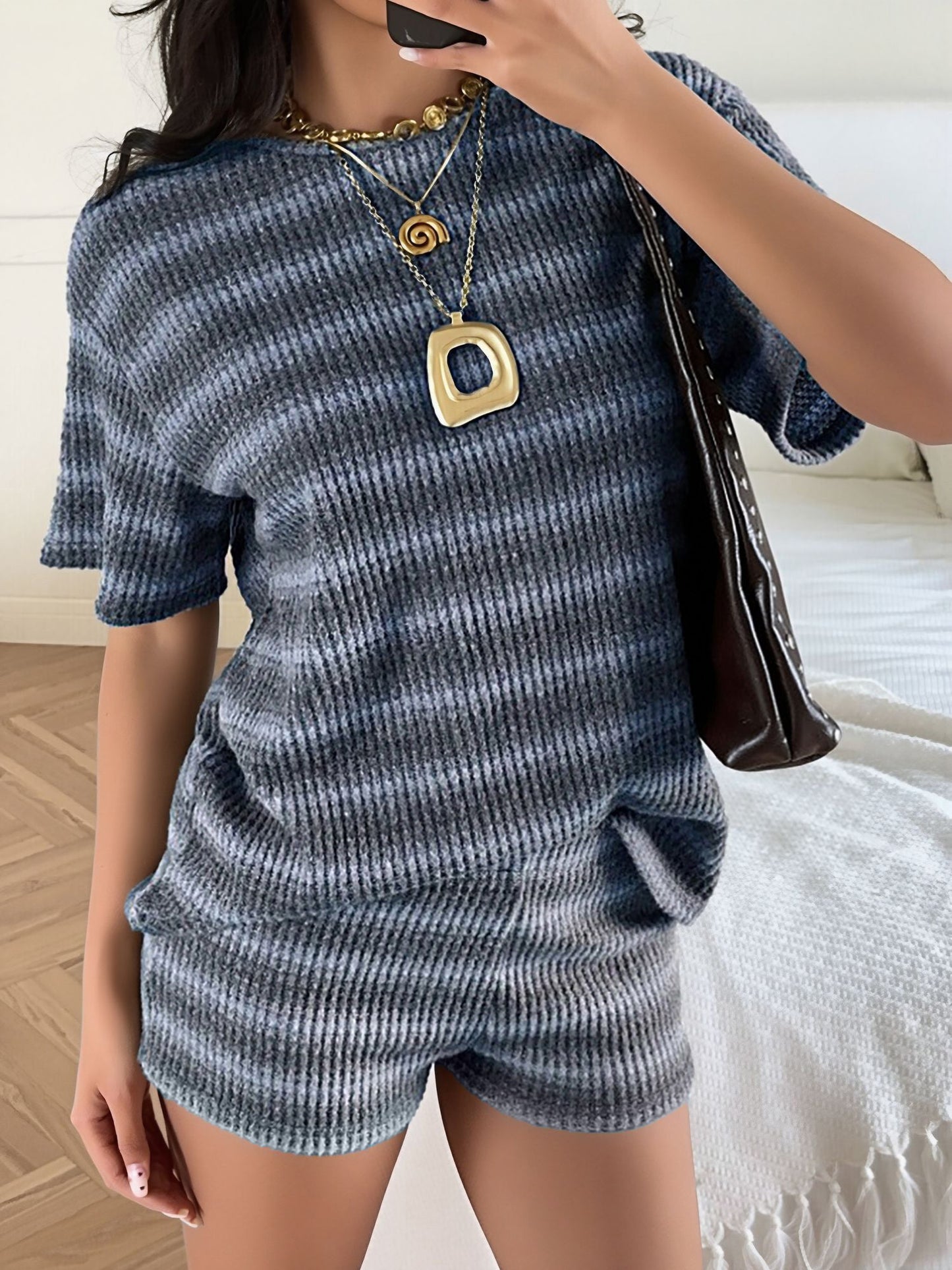 2 Pieces Striped Crew Neck Casual Knitted Top and Shorts Matching Set