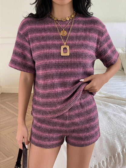 2 Pieces Striped Crew Neck Casual Knitted Top and Shorts Matching Set