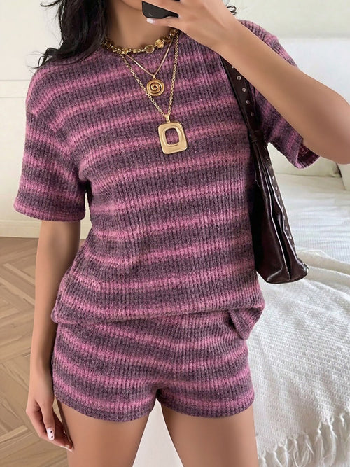 2 Pieces Striped Crew Neck Casual Knitted Top and Shorts Matching Set