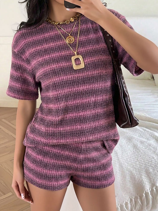 2 Pieces Striped Crew Neck Casual Knitted Top and Shorts Matching Set