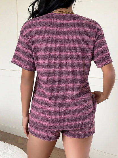 2 Pieces Striped Crew Neck Casual Knitted Top and Shorts Matching Set