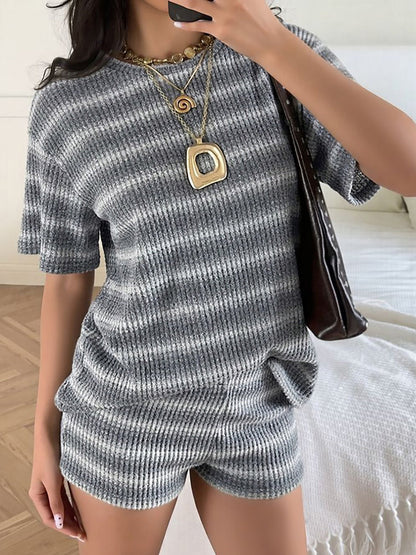 2 Pieces Striped Crew Neck Casual Knitted Top and Shorts Matching Set