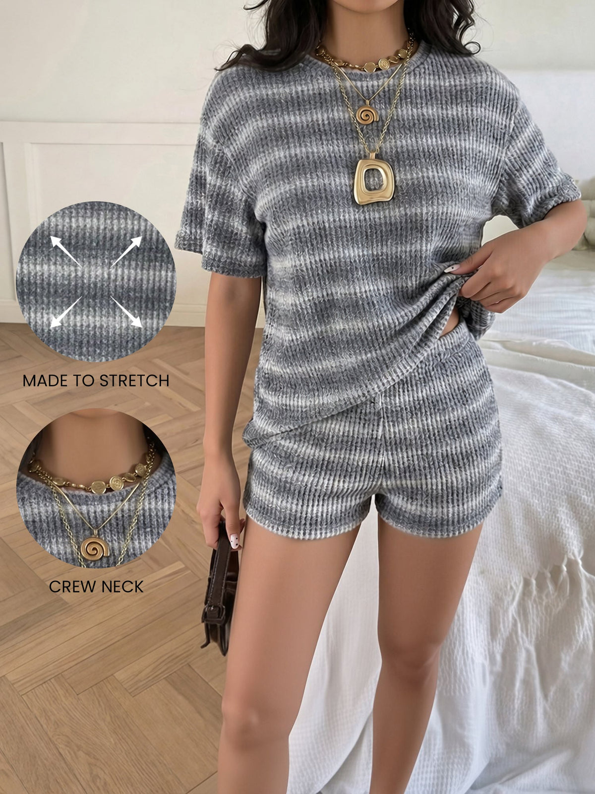 2 Pieces Striped Crew Neck Casual Knitted Top and Shorts Matching Set