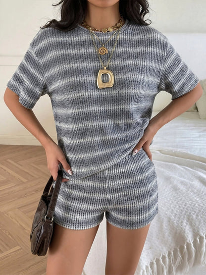 2 Pieces Striped Crew Neck Casual Knitted Top and Shorts Matching Set