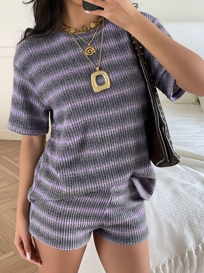 2 Pieces Striped Crew Neck Casual Knitted Top and Shorts Matching Set