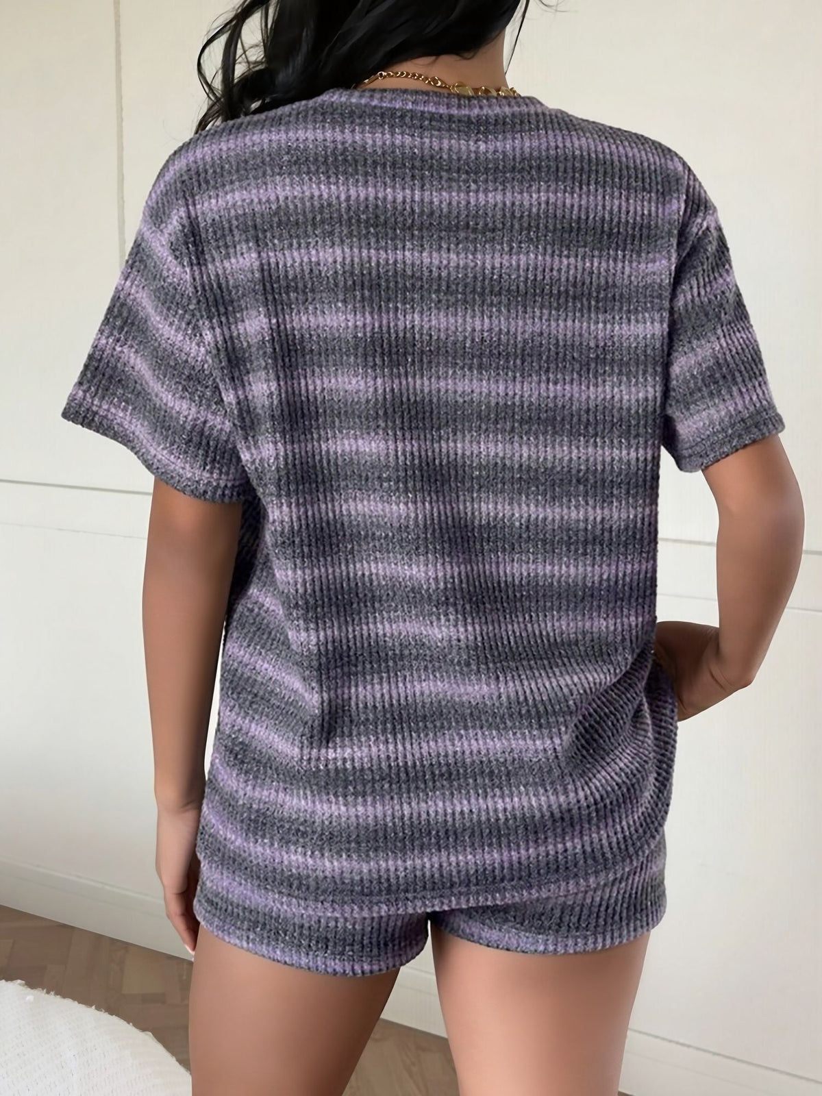 2 Pieces Striped Crew Neck Casual Knitted Top and Shorts Matching Set