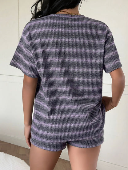 2 Pieces Striped Crew Neck Casual Knitted Top and Shorts Matching Set