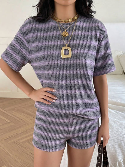 2 Pieces Striped Crew Neck Casual Knitted Top and Shorts Matching Set