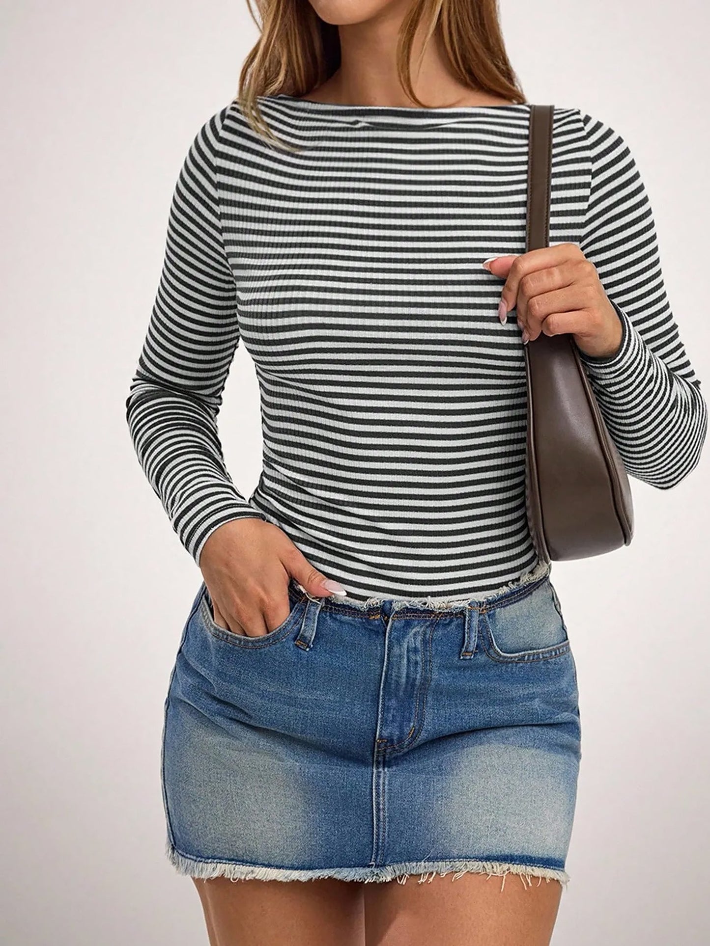 Striped Boat Neck Long Sleeves Casual Blouse