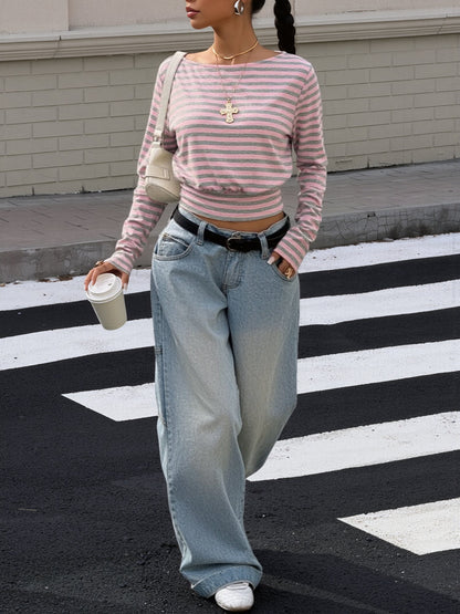 Striped Colorblock Long Sleeves Cropped Top
