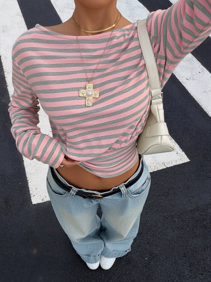 Striped Colorblock Long Sleeves Cropped Top