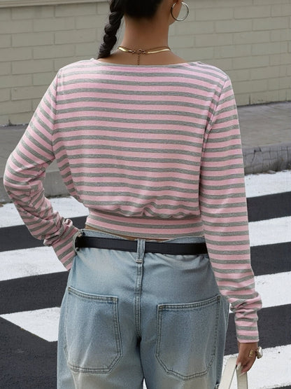 Striped Colorblock Long Sleeves Cropped Top