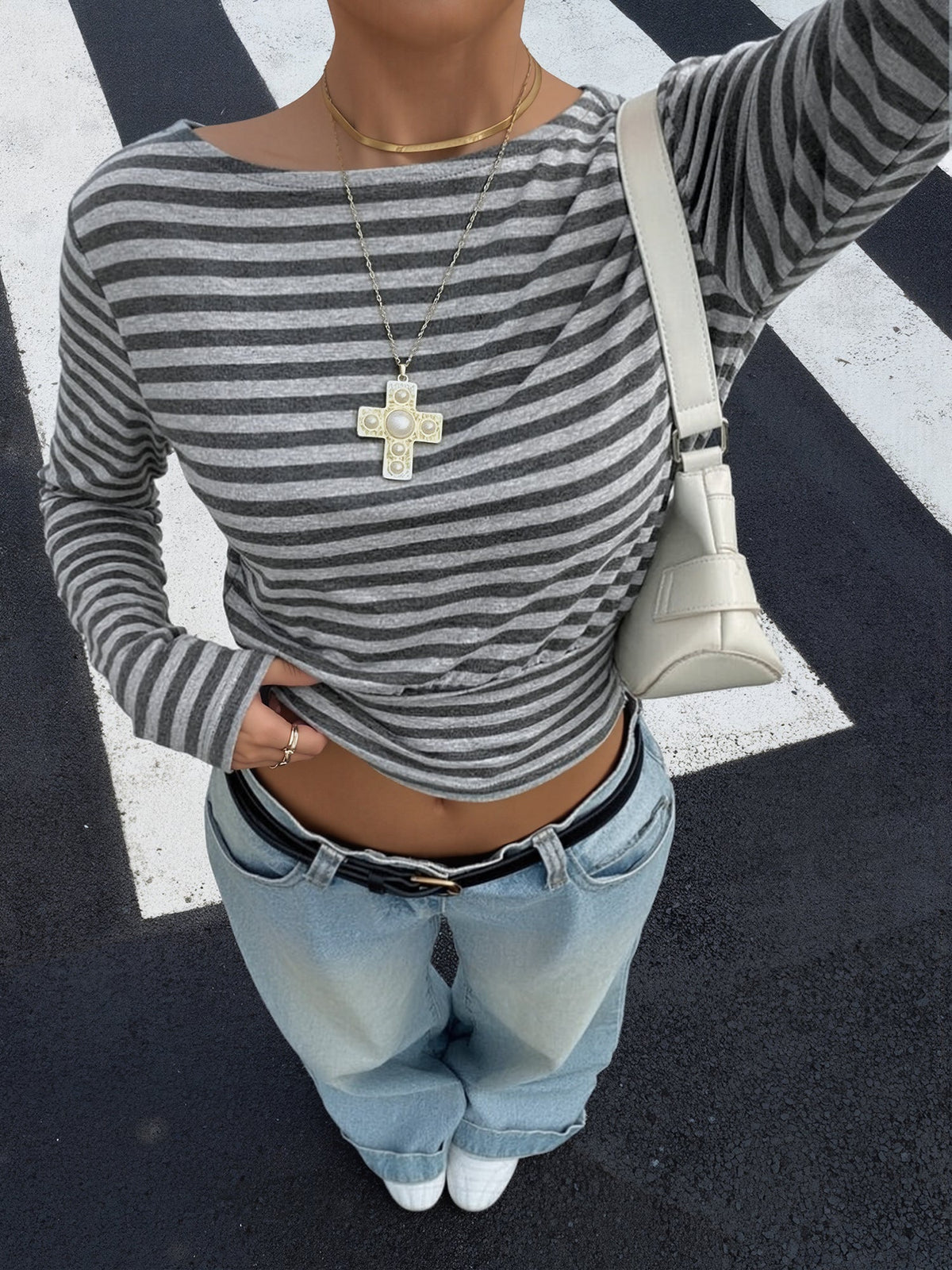 Striped Colorblock Long Sleeves Cropped Top