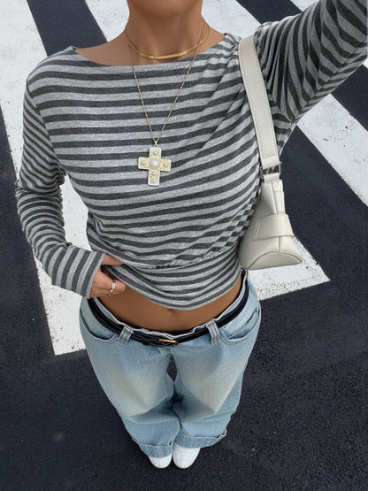 Striped Colorblock Long Sleeves Cropped Top