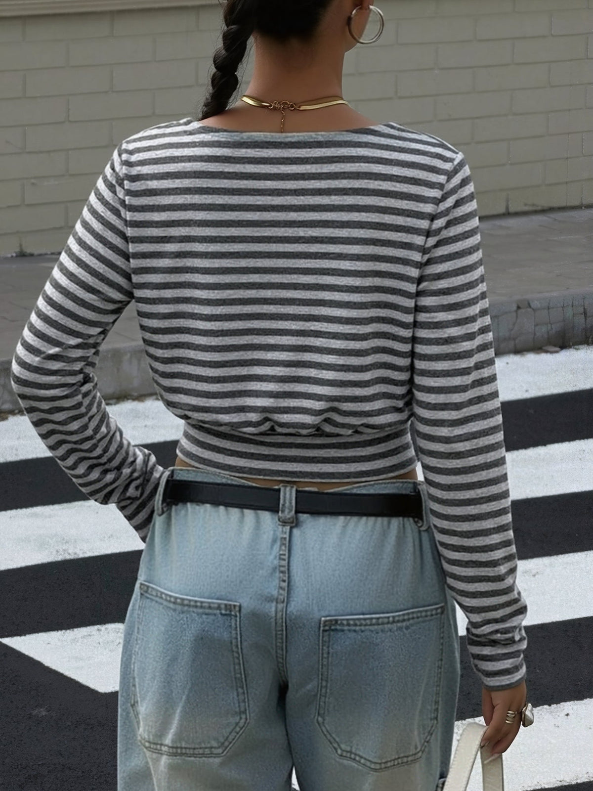 Striped Colorblock Long Sleeves Cropped Top