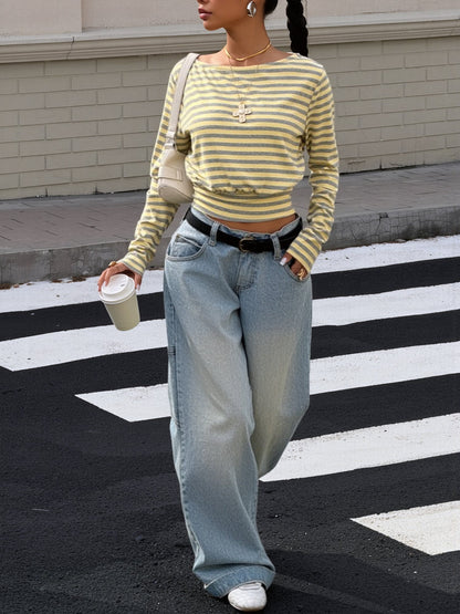 Striped Colorblock Long Sleeves Cropped Top