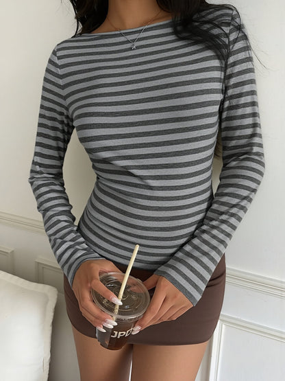 Cotton Colorblock Striped Boat Neck Long Sleeve Top