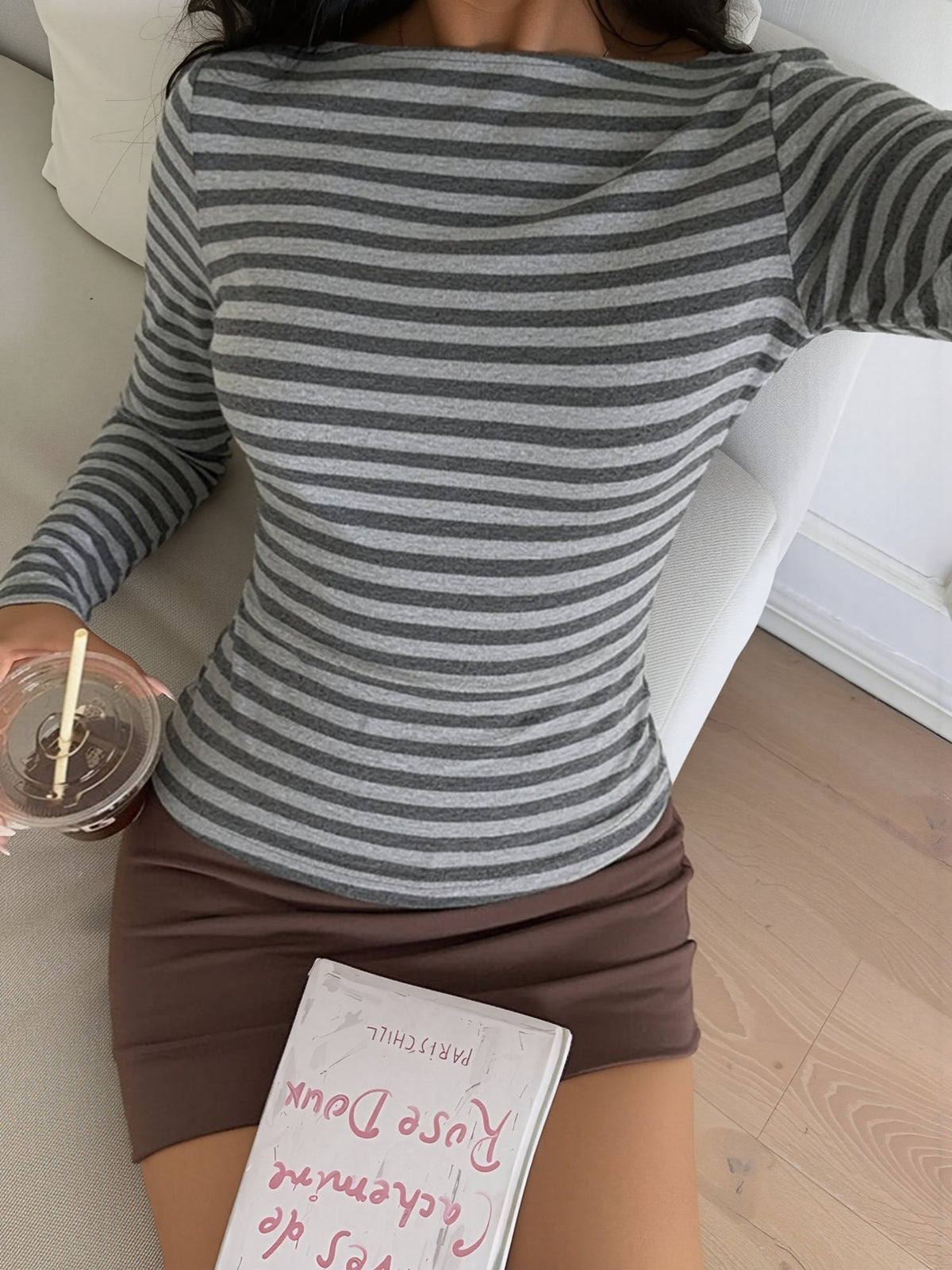 Cotton Colorblock Striped Boat Neck Long Sleeve Top