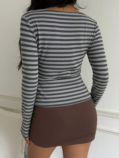 Cotton Colorblock Striped Boat Neck Long Sleeve Top