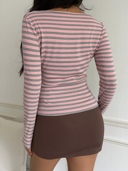 Cotton Colorblock Striped Boat Neck Long Sleeve Top