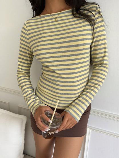 Cotton Colorblock Striped Boat Neck Long Sleeve Top