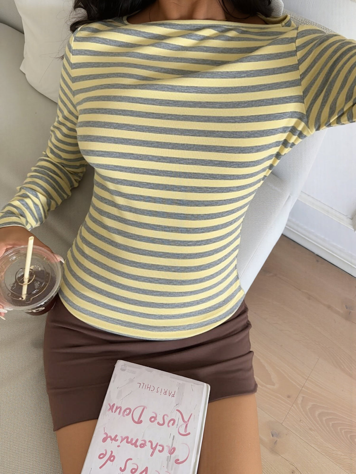 Cotton Colorblock Striped Boat Neck Long Sleeve Top