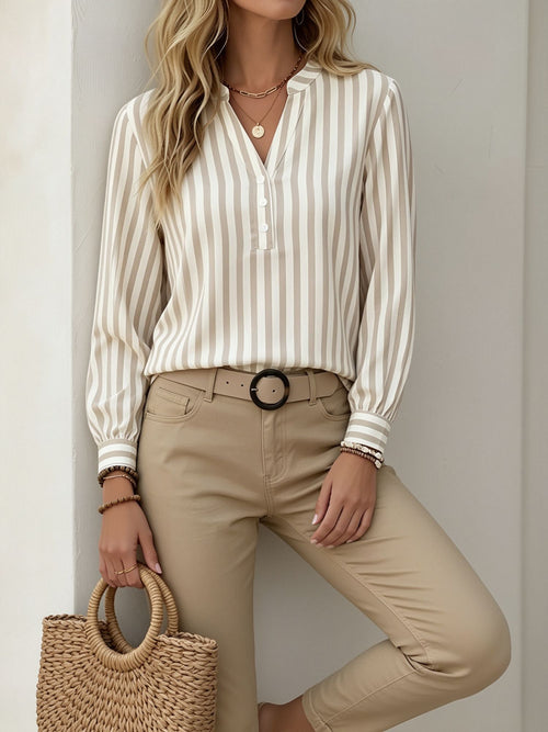 Notch Neck Buttoned Striped Long Sleeve Work Blouse