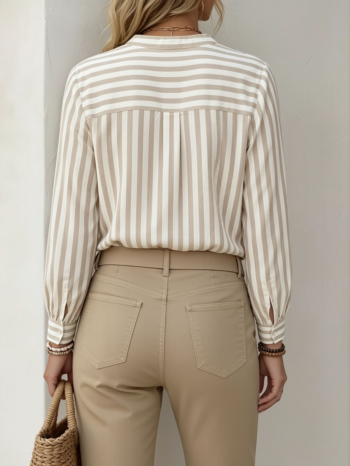Notch Neck Buttoned Striped Long Sleeve Work Blouse