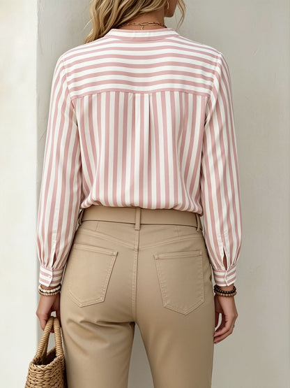 Notch Neck Buttoned Striped Long Sleeve Work Blouse