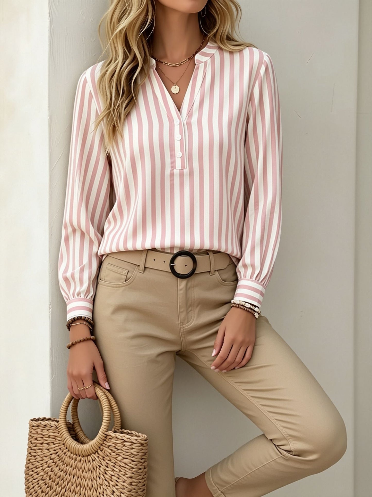 Notch Neck Buttoned Striped Long Sleeve Work Blouse