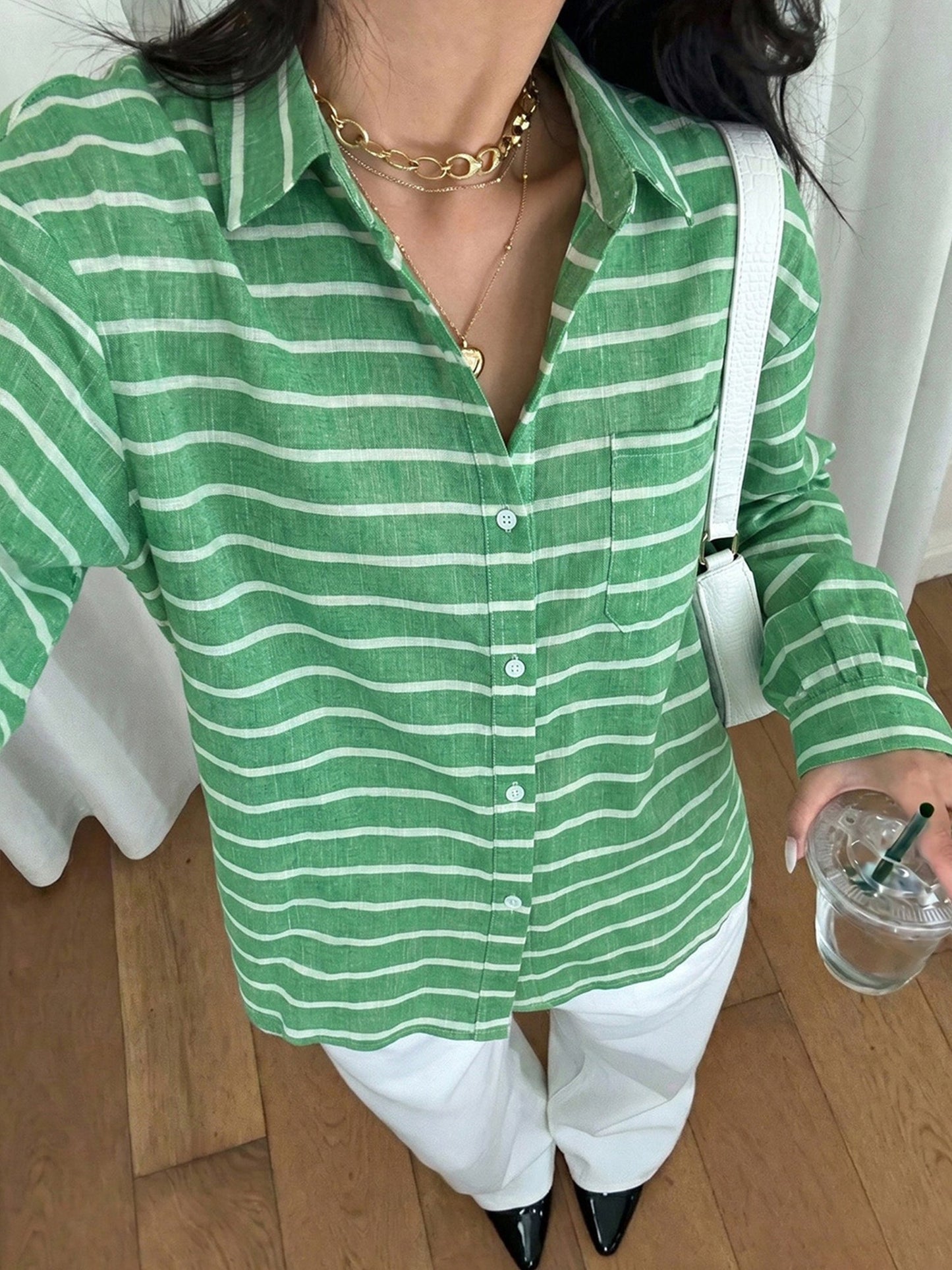 Loose Fit Long Sleeve Striped Button Down Shirt