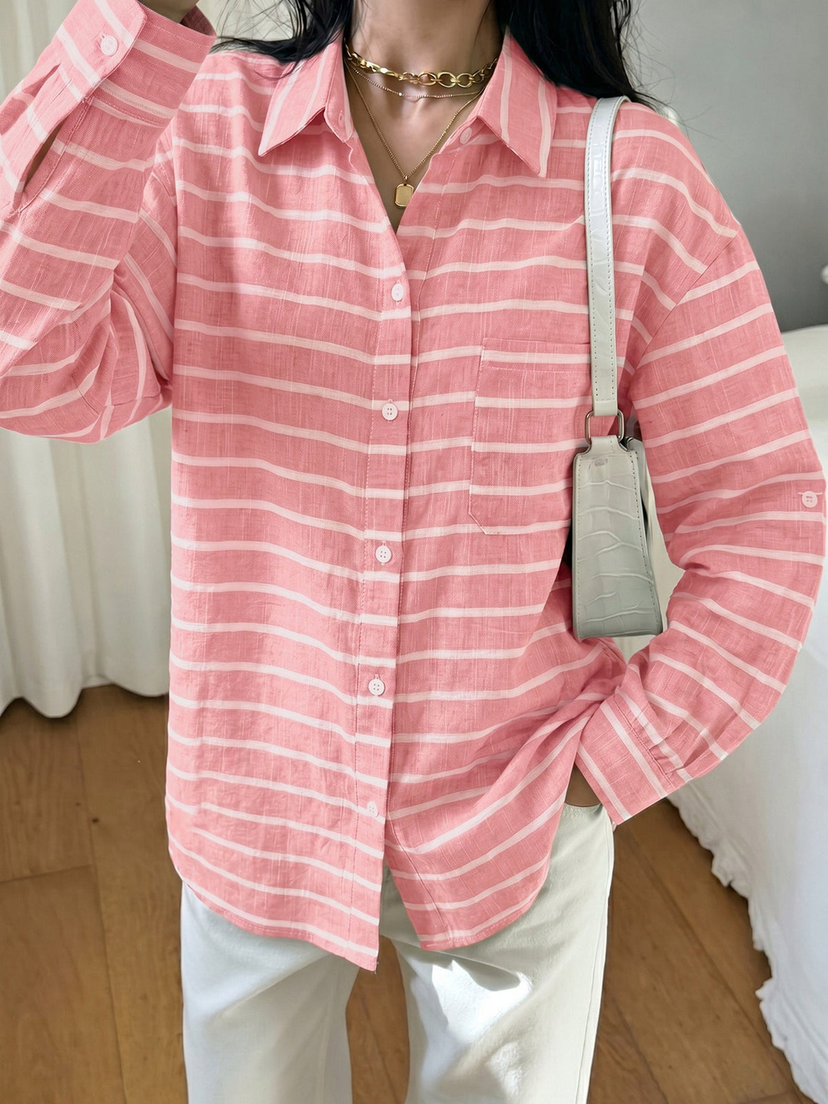 Loose Fit Long Sleeve Striped Button Down Shirt